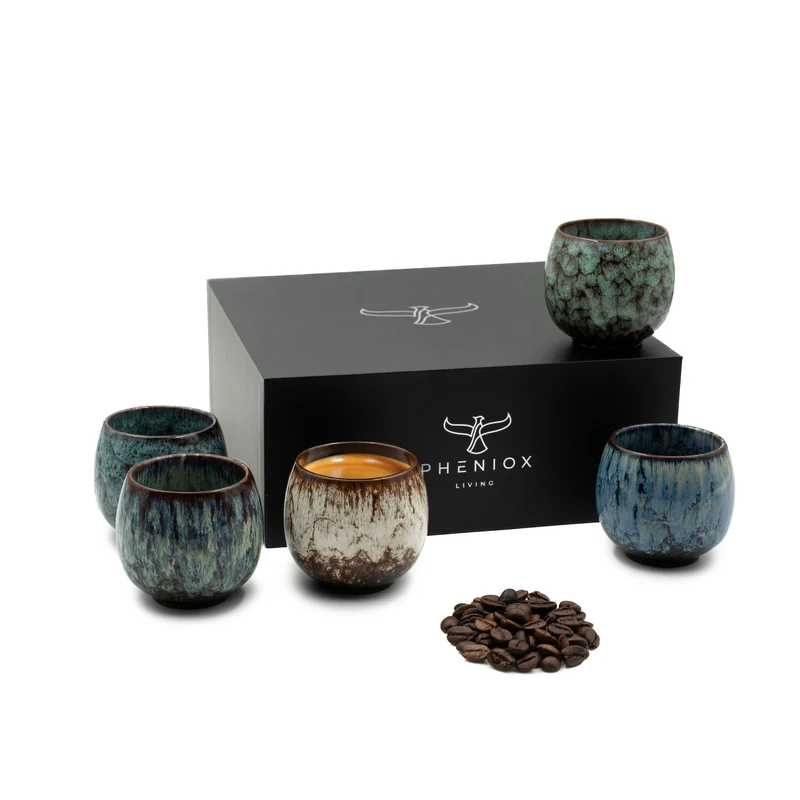 PHENIOX Tibet Mini Set (5x100 ml) – Handgefertigte Espressotassen aus Steingut