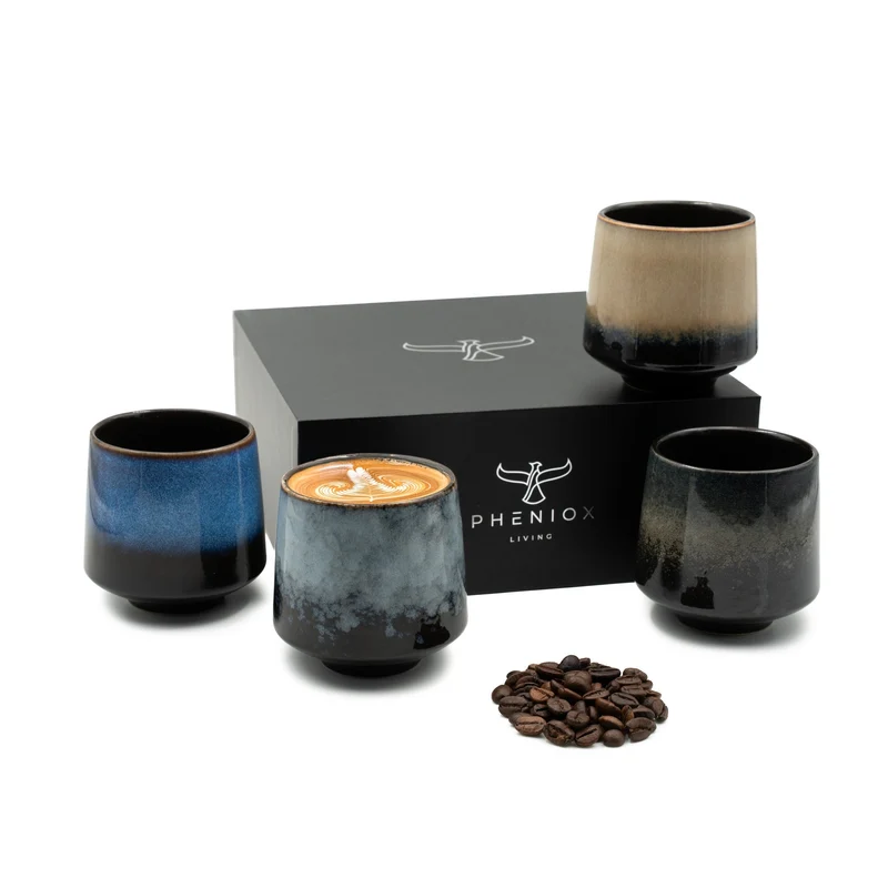 PHENIOX Infinity Tassen Set (4x220 ml) – Handgefertigte Cappuccino- & Latte-Tassen aus Steingut