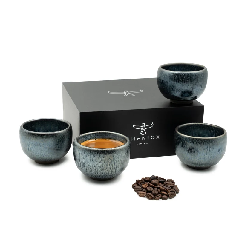 PHENIOX Galaxy Tassen Set (4x120 ml) – Handgefertigte Kaffeetassen aus Steingut in blauer Galaxy-Glasur