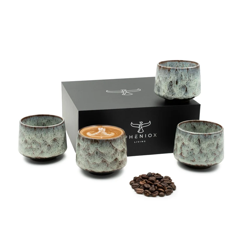 PHENIOX Tibet Misty Set (4x180 ml) – Handgefertigte Cappuccino Tassen aus Steingut