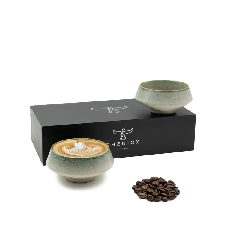 PHENIOX Barista Tassen Set - 2 x ca. 180 ml Cappuccino Tassen aus Steingut Grün