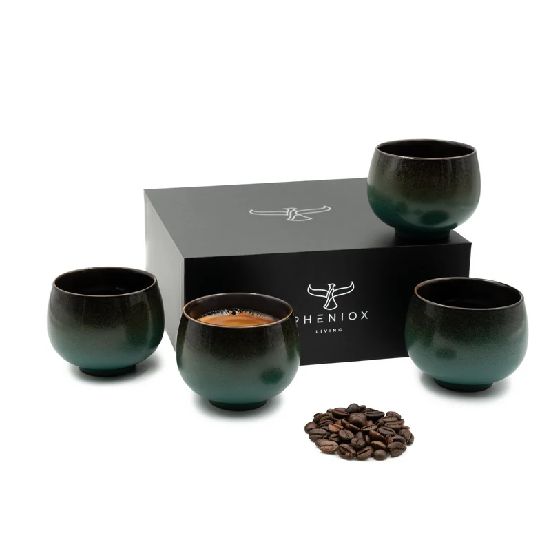 PHENIOX Jade Tassen Set (4x180 ml) – Handgefertigte Tee- & Cappuccino-Tassen aus Steingut