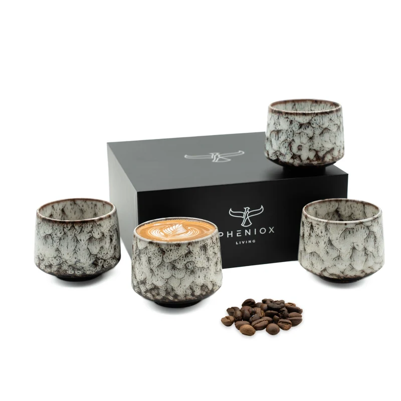 PHENIOX Tibet Weiß Set (4x180 ml) – Handgefertigte Cappuccino Tassen aus Steingut