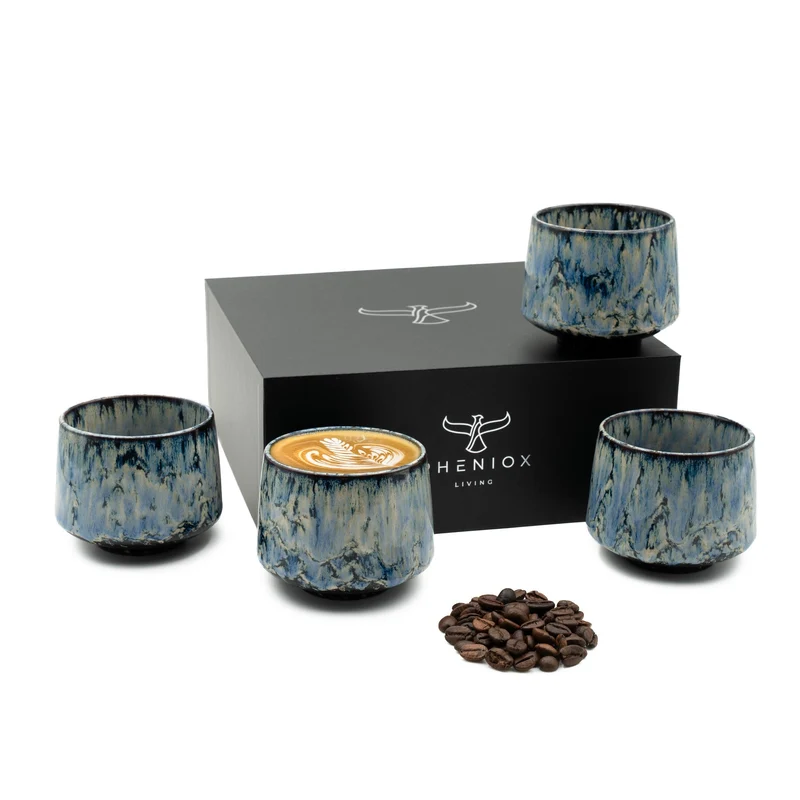 PHENIOX Tibet Blue Set (4x180 ml) – Handgefertigte Cappuccino Tassen aus Steingut