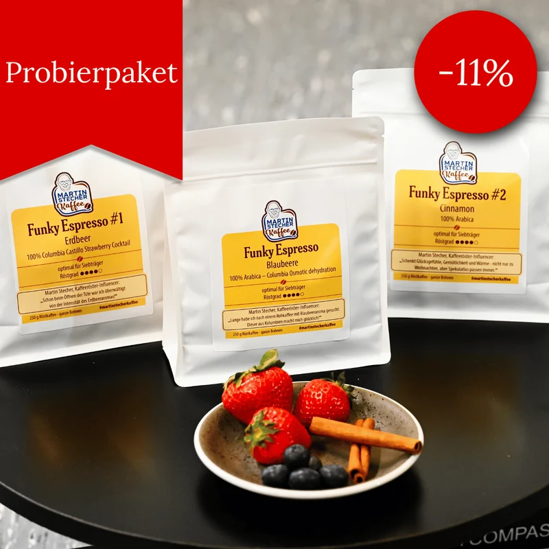 Funky Espresso · 3 × 250 g Premium Tasting Paket Erdbeer, Blaubeer und Zimt