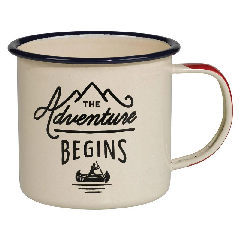 Abenteuer beginnt Cremefarbene Emaille-Tasse