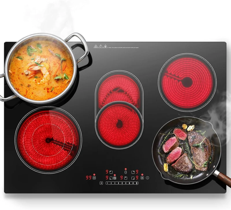 CHE85H305- 77cm Glaskeramikkochfeld 5 Platten 8500W Oval- & Dreifachzone Touch-Steuerung