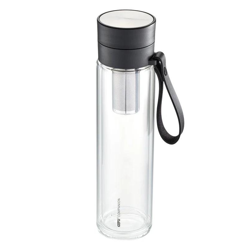 Gefu Glastrinkflasche COMPANION 450ml, doppelwandig, Borosilitglas, mit Teefilter, Schutzhülle aus Filz