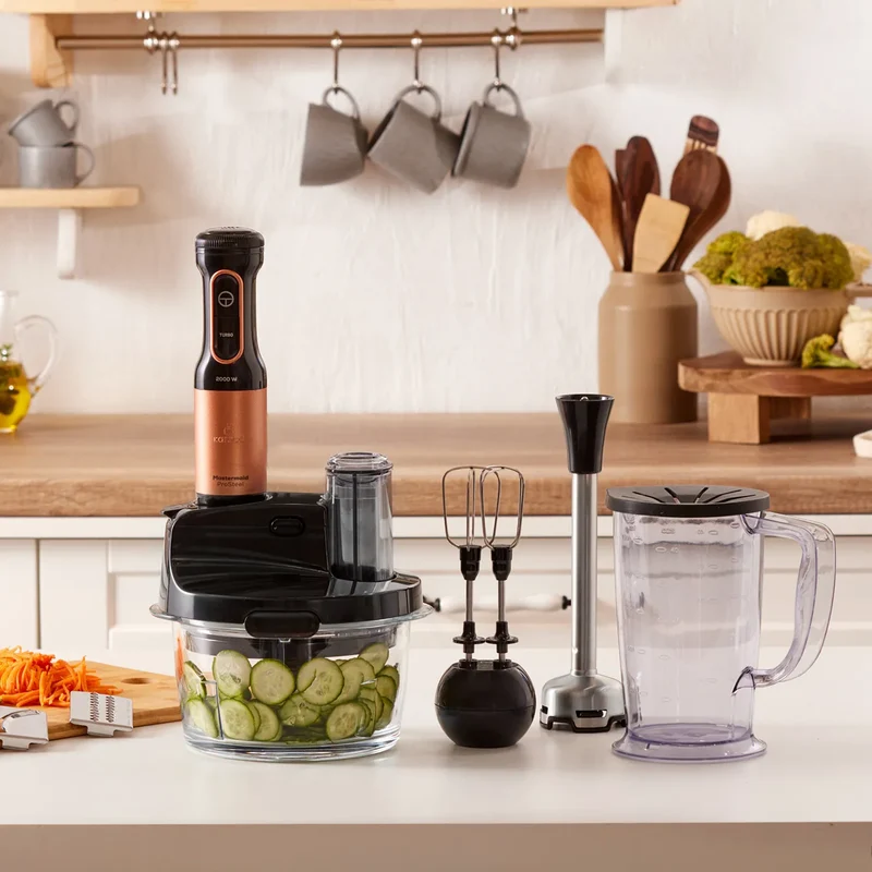 Karaca Mastermaid Küchenroboter aus Stahlglas, Langer Mixer 8 ın 1, 2500 W, Black Copper