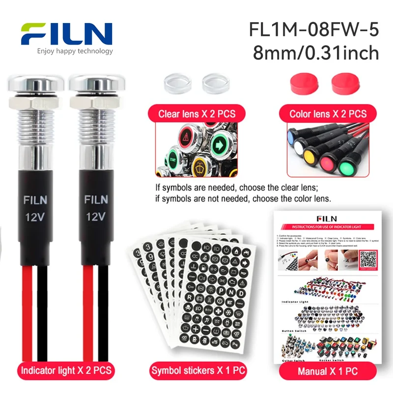 Dashboard Symbol Indicator Light 12-24V 8mm 12mm IP67 Marine FILN