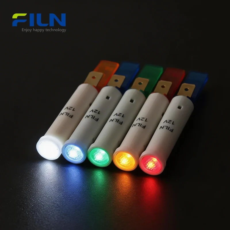 LED Indicator Light 12V 8mm Plastic PA66 Flat Top 2-Pin Snap-in Panel Mount FILN