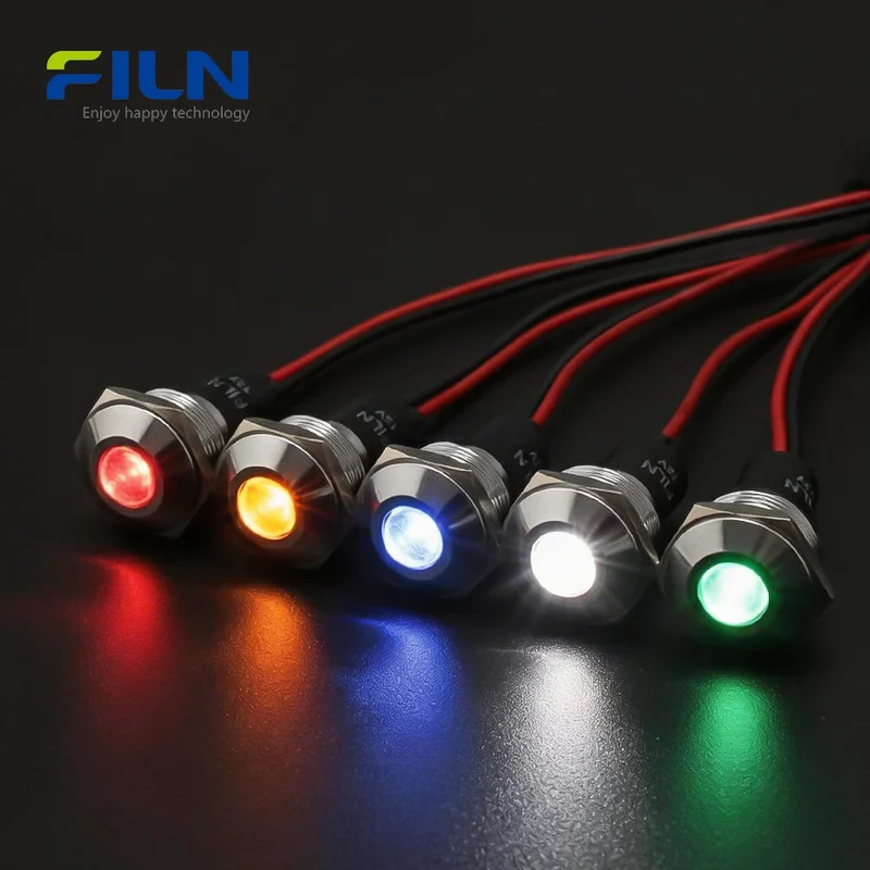 19mm Panel Indicator Lights 6V-220V Pre-wired IP67 Metal Signal Lamp FILN