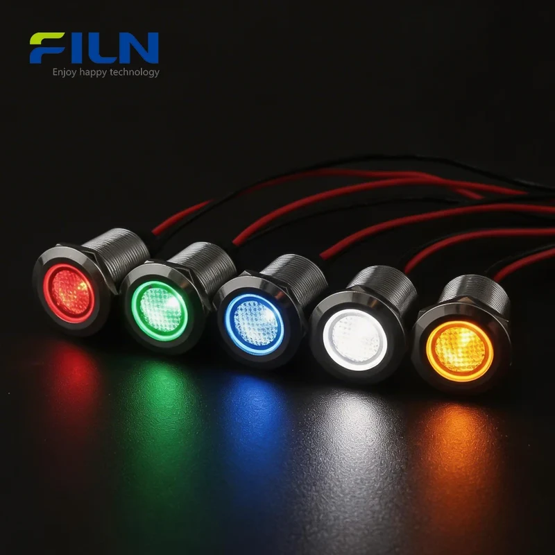 Panel Mount LED 19mm Metal Flat Head with 15cm Wire Lead 12V 110V 220V FILN