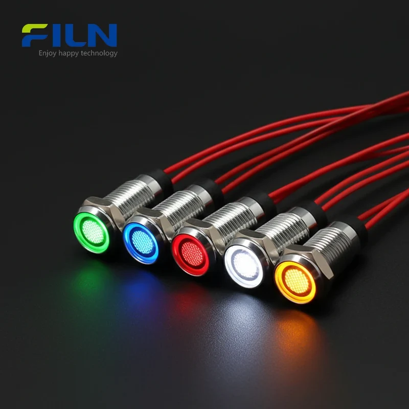 8mm LED Indicator Light Metal Flat Head Wire length 15 cm Industrial 3-220V FILN