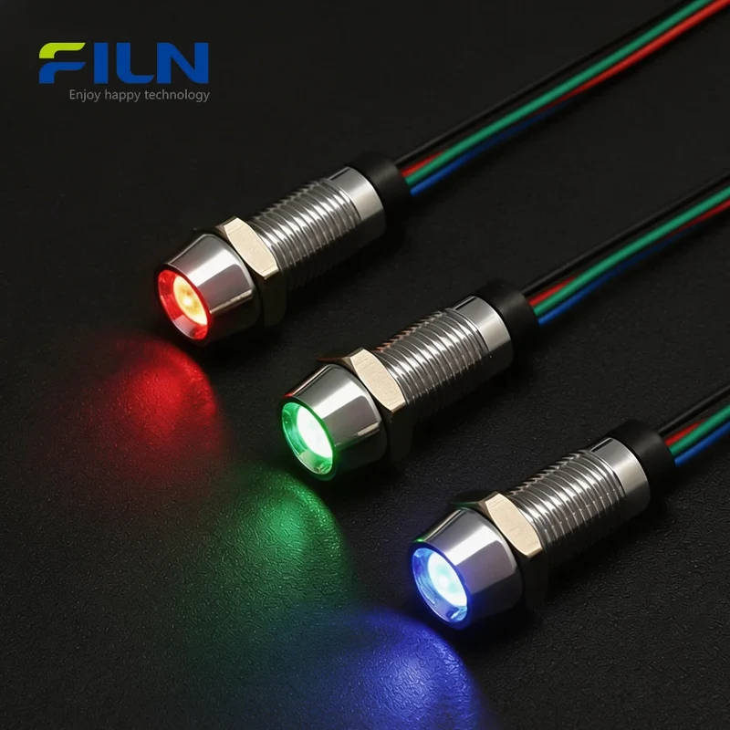 RGB LED Indicator Light 8mm IP67 Waterproof Concave Metal Pilot Lamp FILN
