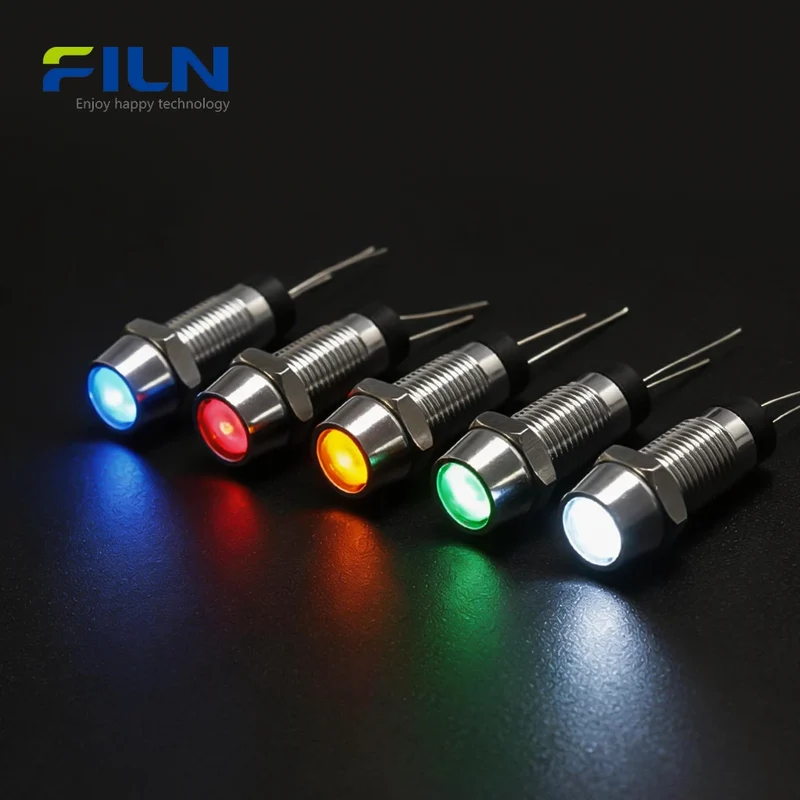 Red Light Indicator 3-380V 8mm Metal Recessed Pin Waterproof Panel Mount FILN