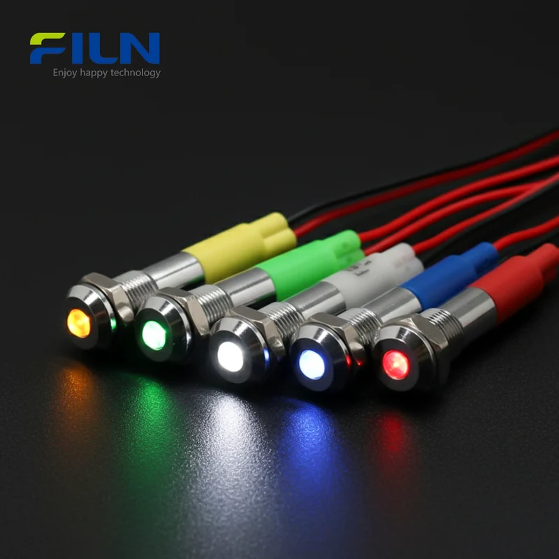 FILN 6MM Green Indicator Light Convex Head Metal Signal Pilot Lamp with 20cm Cable