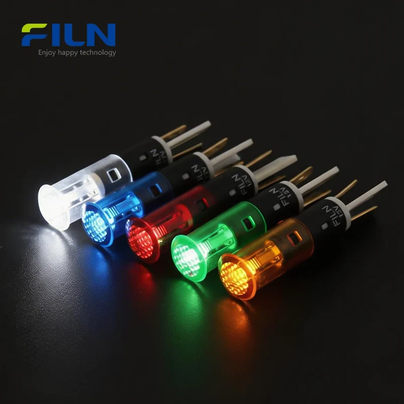 Indicator Light LED 8mm Plastic PA66 Flat Top 2-Pin Snap-in Panel Mount FILN