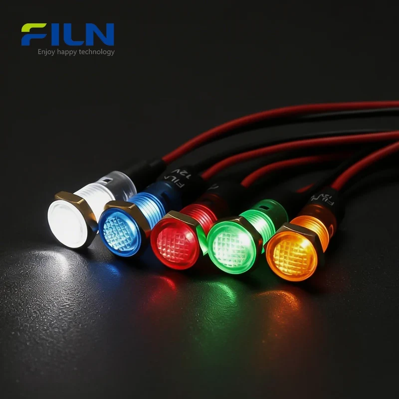 Pilot Indicator LED 8mm Plastic PA66 220V 12V Pre-wired 15cm Lead Threaded Panel Mount FILN