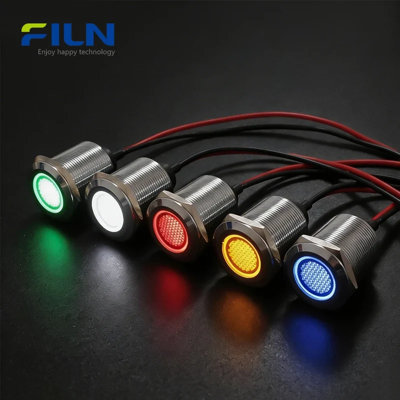 LED Indicator Light 22mm 24V IP67 Metal Flat Head Pre-wired for Panel Signal FILN