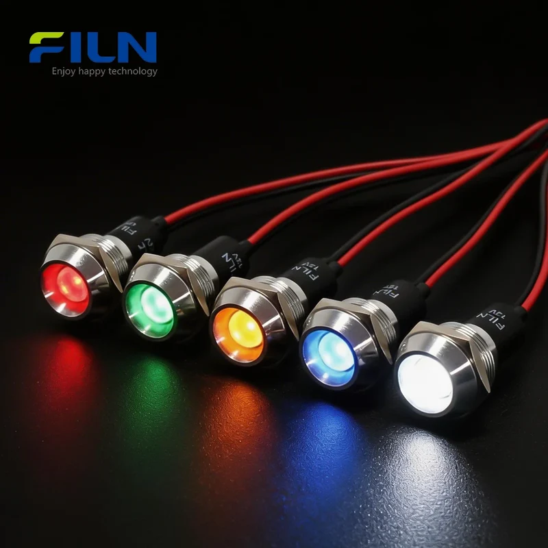 19mm LED Indicators 12V 220V Pre-wired IP67 for Industrial Panel Metal Light FILN