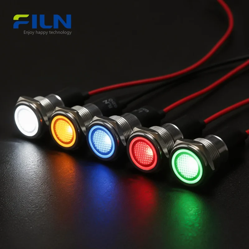 FL1N 16MM LED Metal indicator light Metal LED Pilot Panel Dash Signal Indicator Warning light 20cm cable Chrome Finish Car Boat Marine