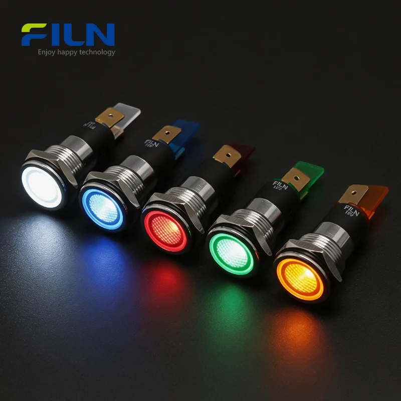 LED Indicator Light 12V Black 16mm Metal Indicator Light Flat Head 2Pin Terminal FILN
