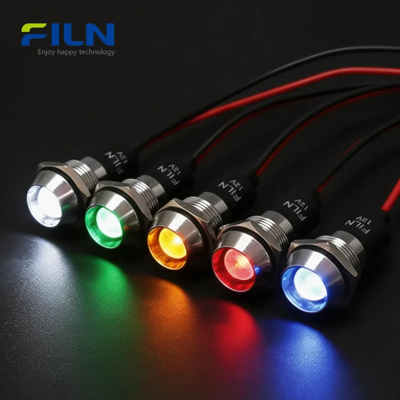 120V LED Indicator Light 16mm Metal Recessed Head Wire Leads 15cm IP67 FILN