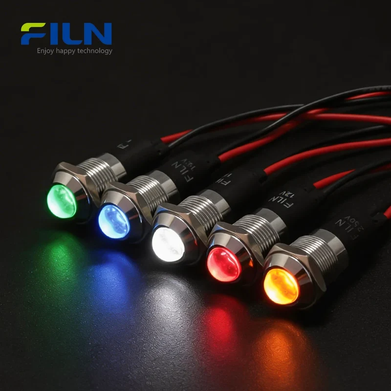 LED Indicator Light 120V 14mm Metal High Head Pre-wired for Panel Mount FILN