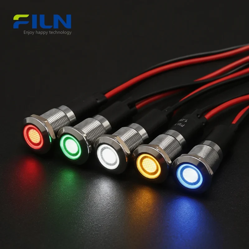 12V LED Indicator Lights 12mm IP67 Waterproof Metal Flat Head Signal Lamp for CNC & Marine FILN