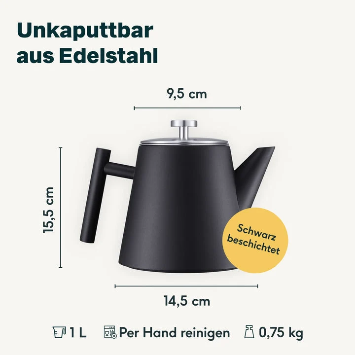 B-Ware SILBERTHAL Teekanne Kanne Edelstahl Sieb Glas Thermo 1l Schwarz122